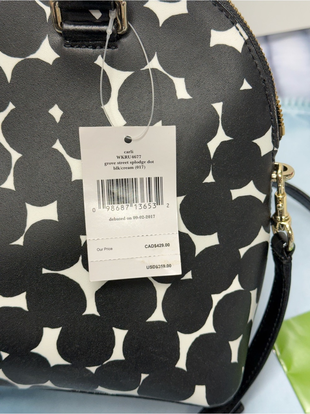 (new+tag) Kate Spade Leather Carli Polka Dot Black White Graphic Dome Satchel - Picture 10 of 12